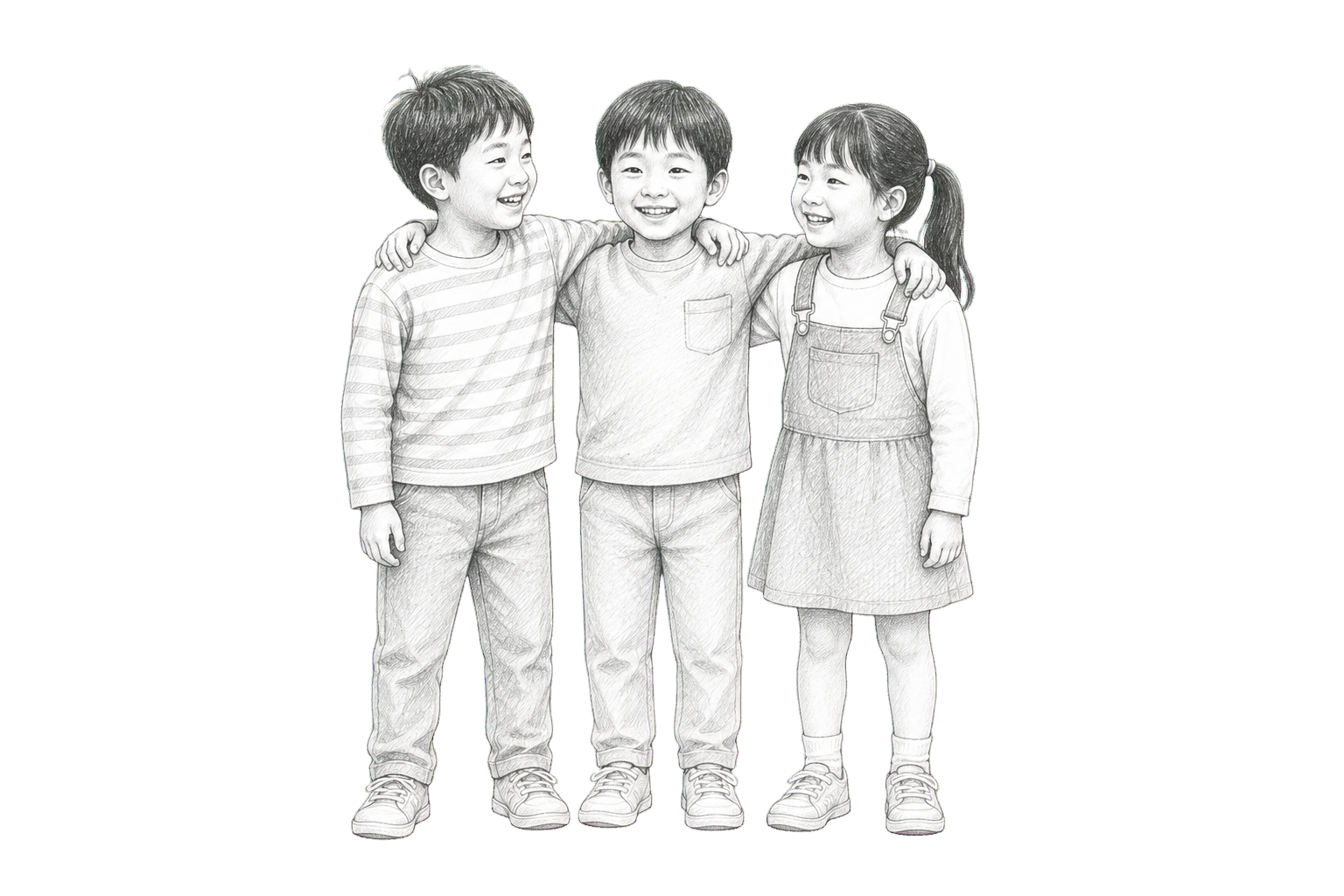 함께 웃는 어린이 세 명의 작은 연필 스케치